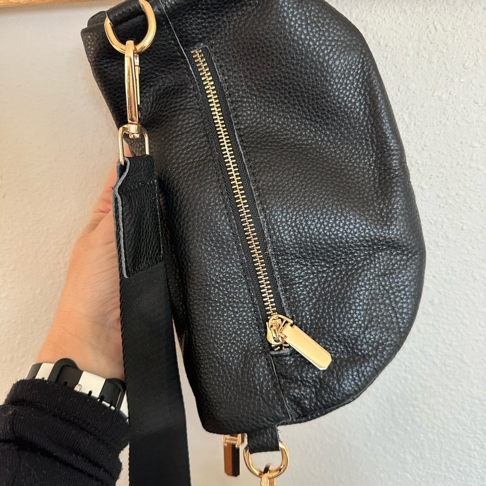 Never Used Black Leather Crossbody Bag Gold Accents - Picture 2 of 4